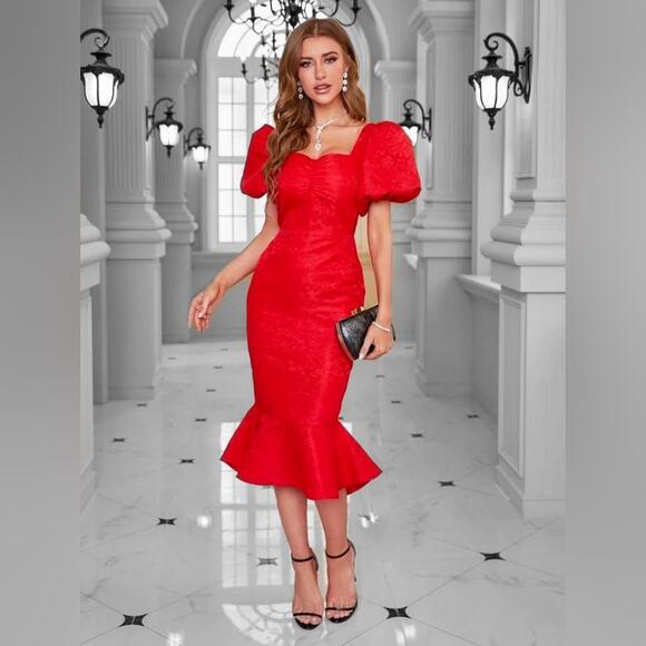SHEIN Dresses & Skirts - Jacquard Ruched Sweetheart Neck Puff Sleeve Mermaid Hem Dress